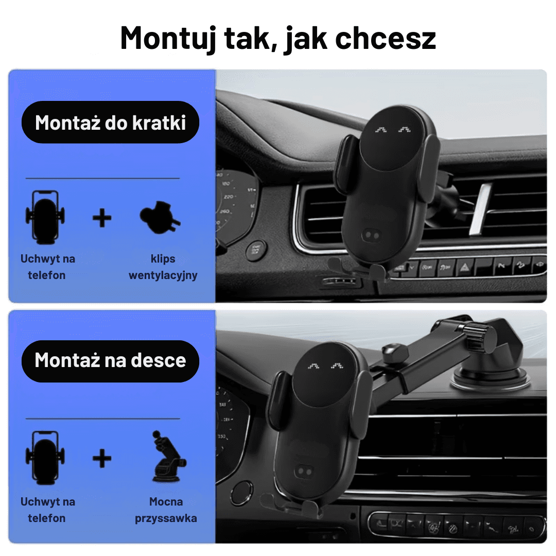 CarFashion – Automatyczny uchwyt samochodowy z ładowaniem Qi